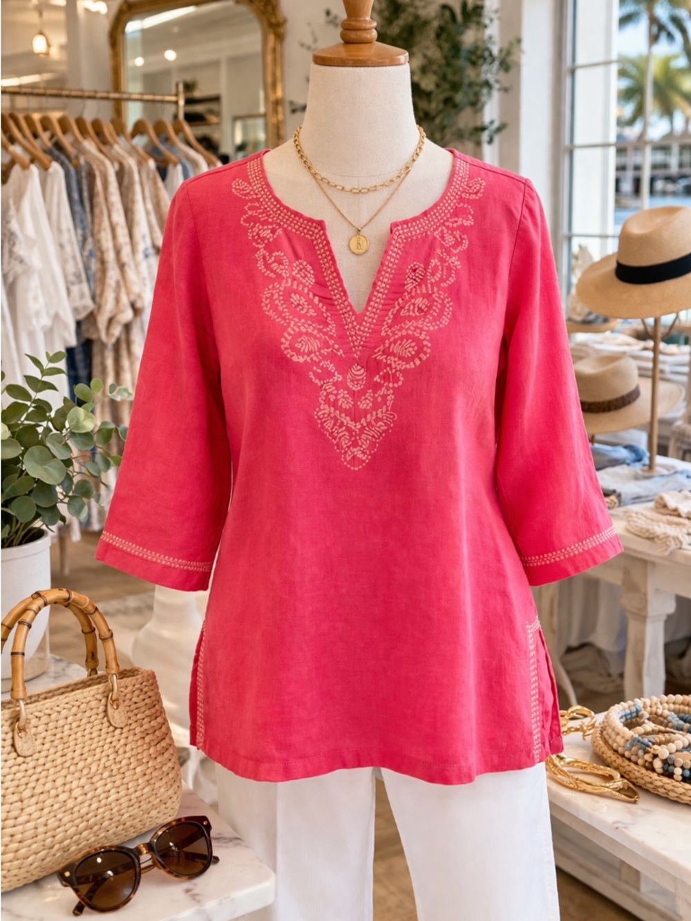 100% Linen Tunic Blouse M Coral Pink Embroidered Boho Beach Cruise Resort Wear